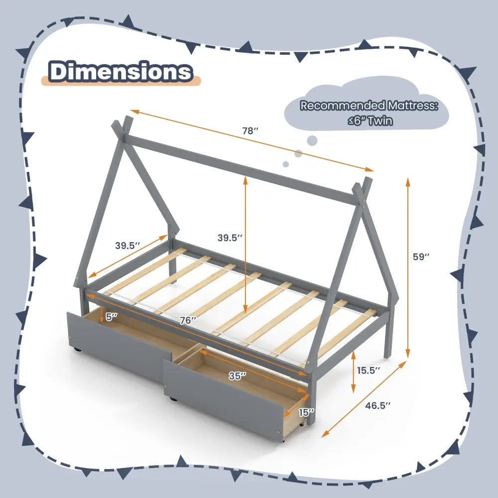 Twin Size Wooden Tent Platform House Bed with 2 Drawers-Gray - Gray - Simple Bed Frame
