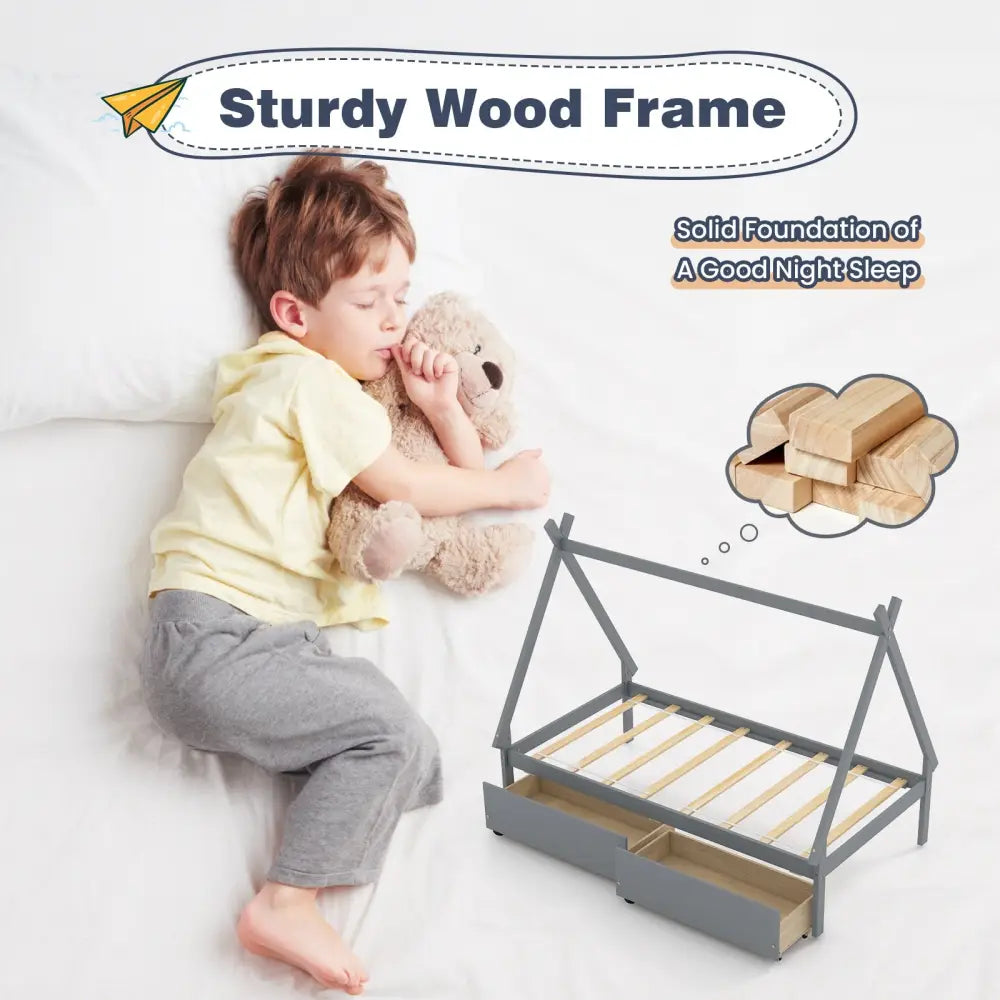 Twin Size Wooden Tent Platform House Bed with 2 Drawers-Gray - Gray - Simple Bed Frame