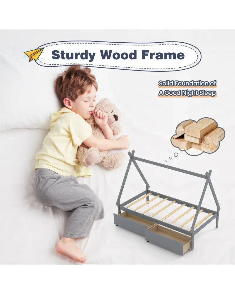 Twin Size Wooden Tent Platform House Bed with 2 Drawers-Gray - Gray - Simple Bed Frame