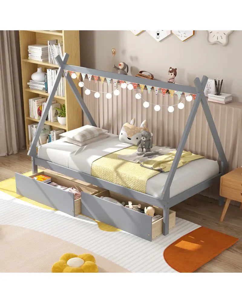 Twin Size Wooden Tent Platform House Bed with 2 Drawers-Gray - Gray - Simple Bed Frame