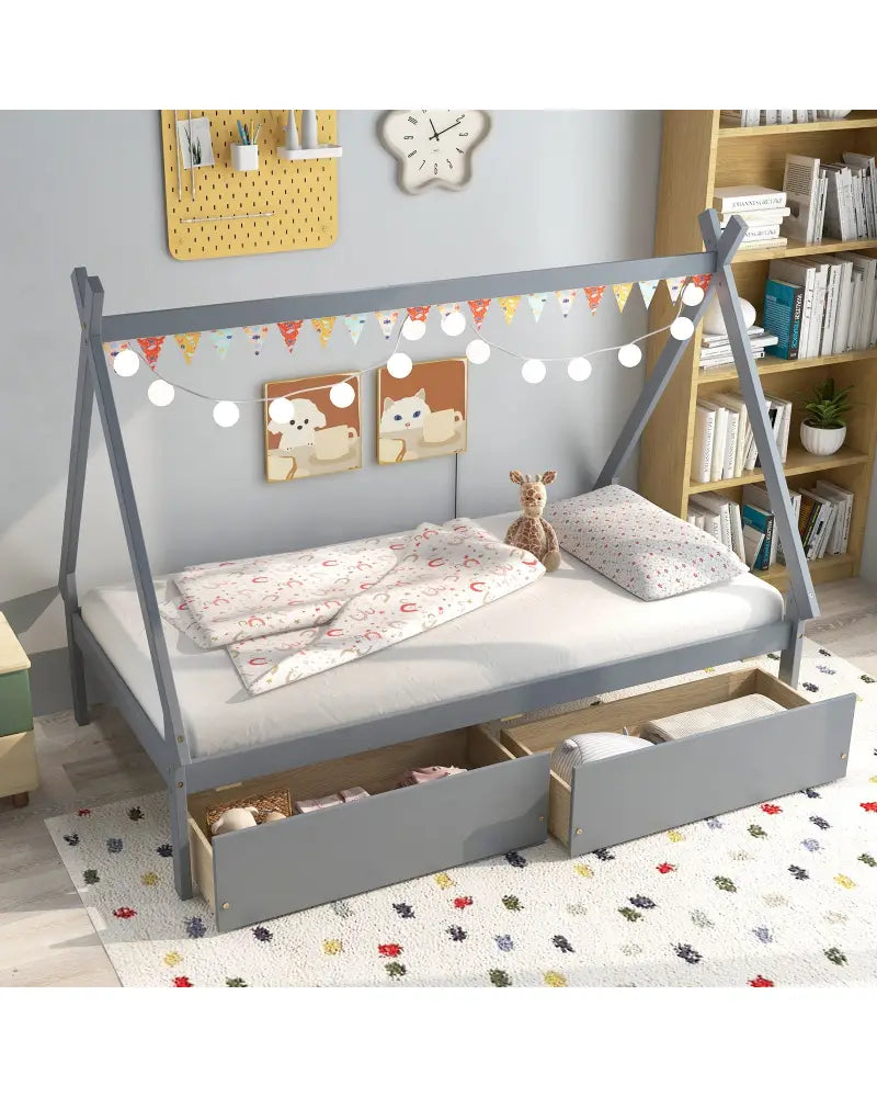 Twin Size Wooden Tent Platform House Bed with 2 Drawers-Gray - Gray - Simple Bed Frame