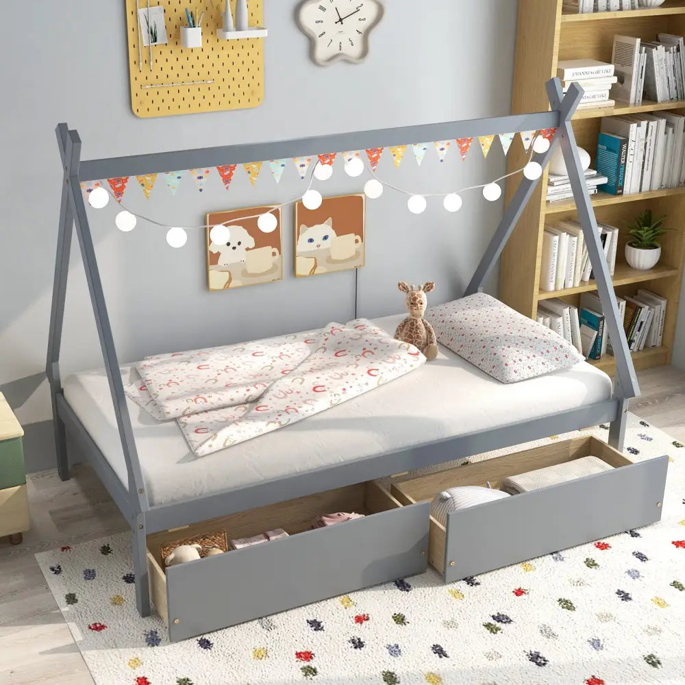 Twin Size Wooden Tent Platform House Bed with 2 Drawers-Gray - Gray - Simple Bed Frame