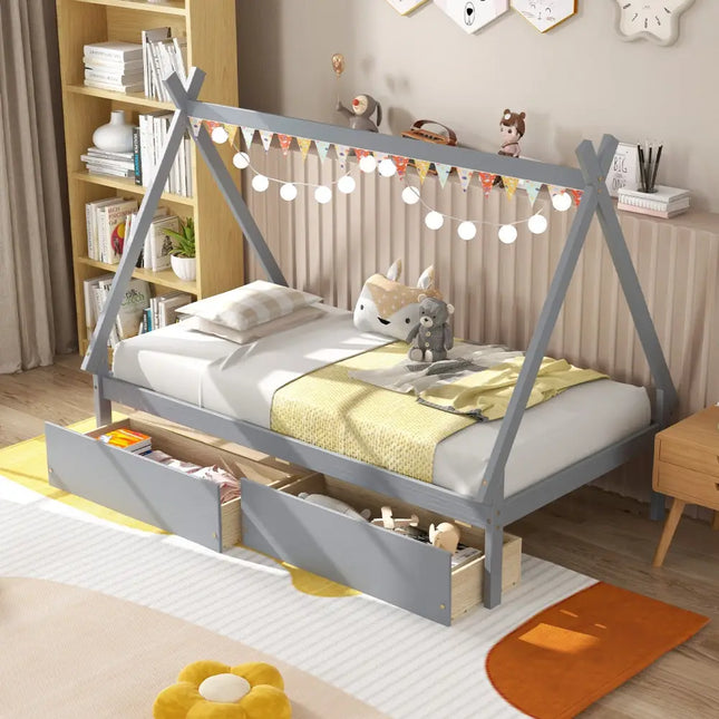 Twin Size Wooden Tent Platform House Bed with 2 Drawers-Gray - Gray - Simple Bed Frame
