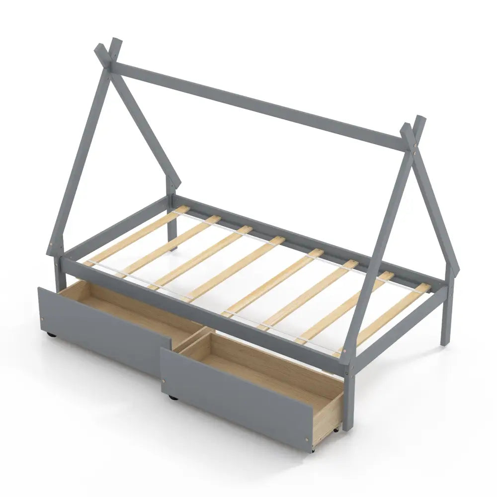 Twin Size Wooden Tent Platform House Bed with 2 Drawers-Gray - Gray - Simple Bed Frame