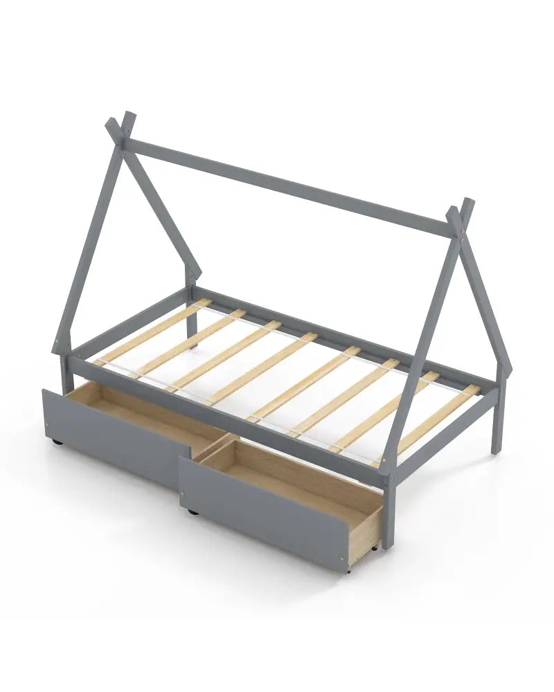 Twin Size Wooden Tent Platform House Bed with 2 Drawers-Gray - Gray - Simple Bed Frame