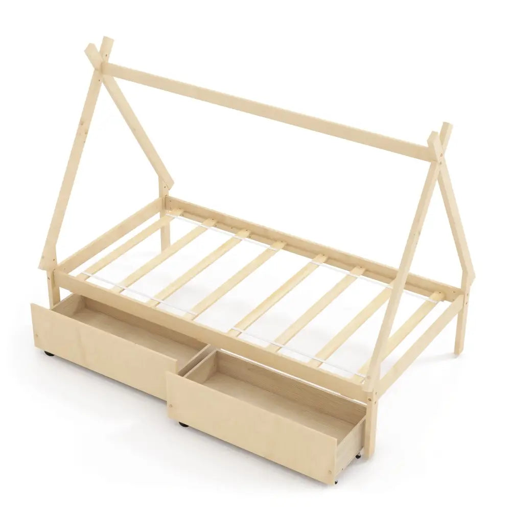 Twin Size Wooden Tent Platform House Bed with 2 Drawers-Natural - Natural - Simple Bed Frame
