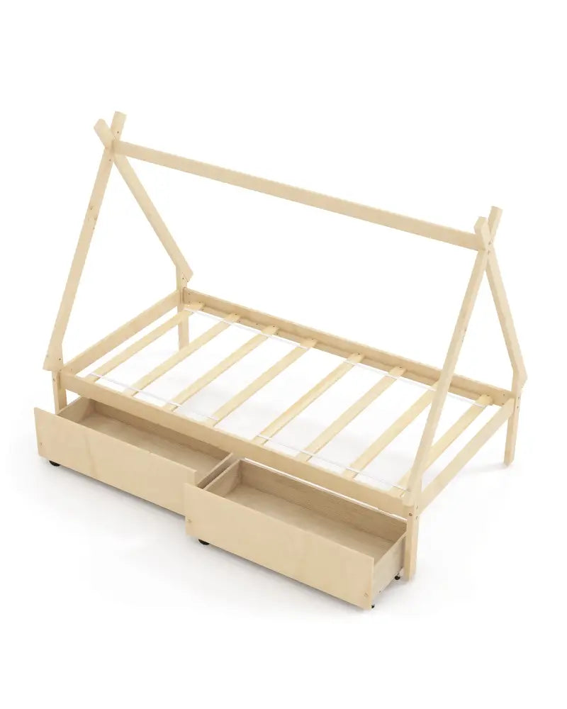 Twin Size Wooden Tent Platform House Bed with 2 Drawers-Natural - Natural - Simple Bed Frame
