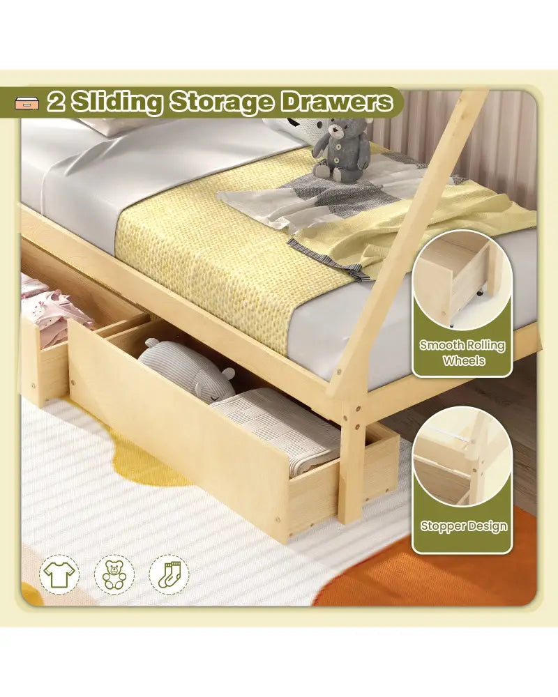 Twin Size Wooden Tent Platform House Bed with 2 Drawers-Natural - Natural - Simple Bed Frame
