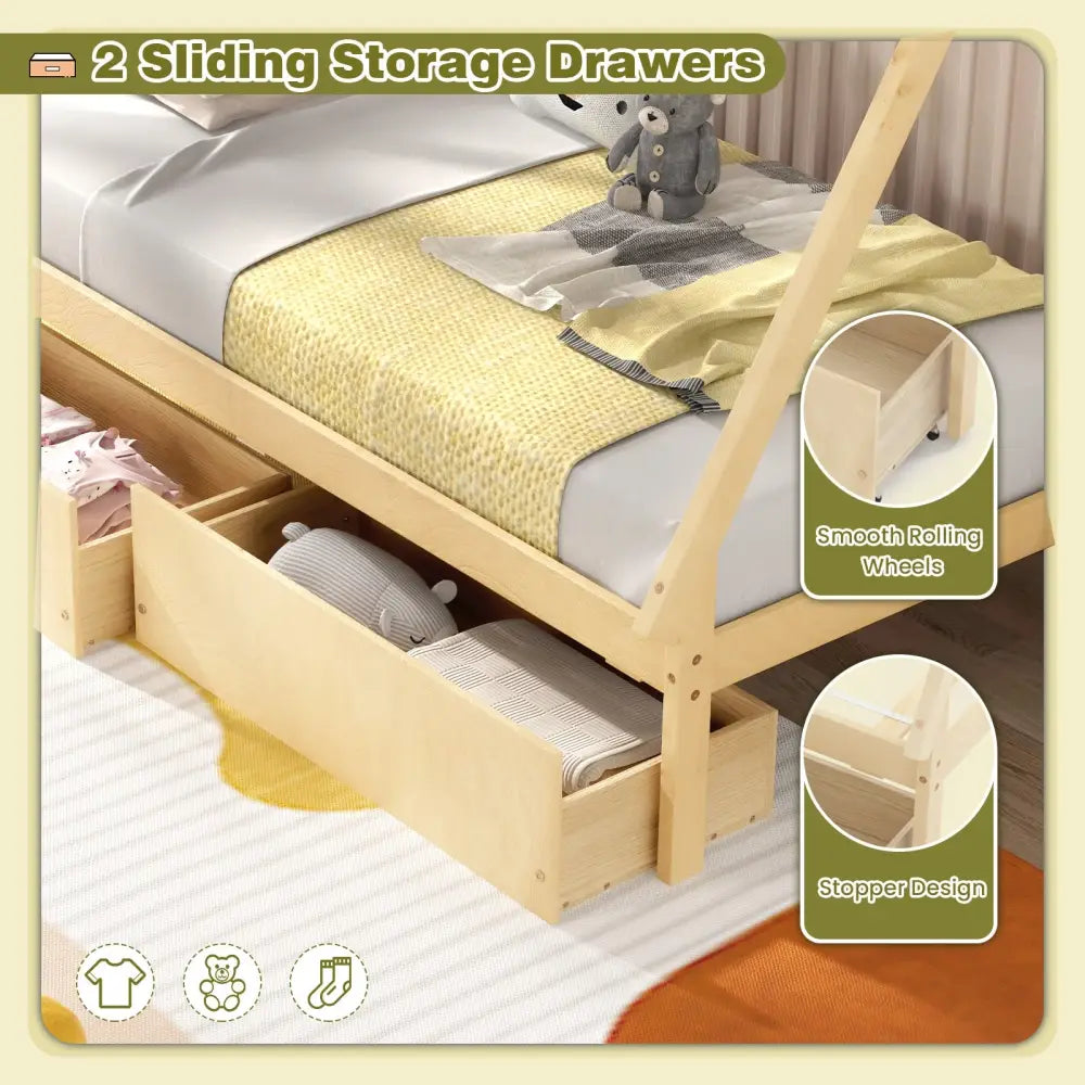 Twin Size Wooden Tent Platform House Bed with 2 Drawers-Natural - Natural - Simple Bed Frame