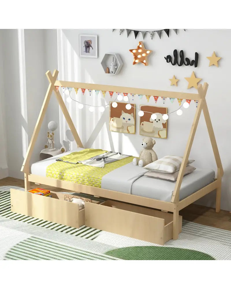 Twin Size Wooden Tent Platform House Bed with 2 Drawers-Natural - Natural - Simple Bed Frame