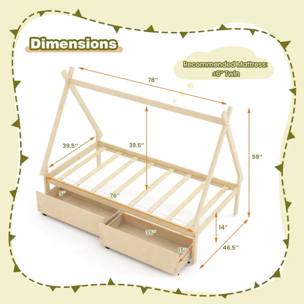Twin Size Wooden Tent Platform House Bed with 2 Drawers-Natural - Natural - Simple Bed Frame