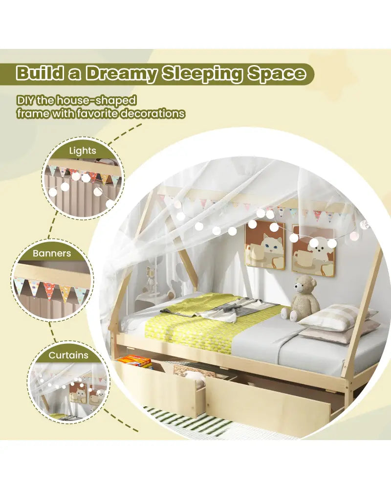 Twin Size Wooden Tent Platform House Bed with 2 Drawers-Natural - Natural - Simple Bed Frame