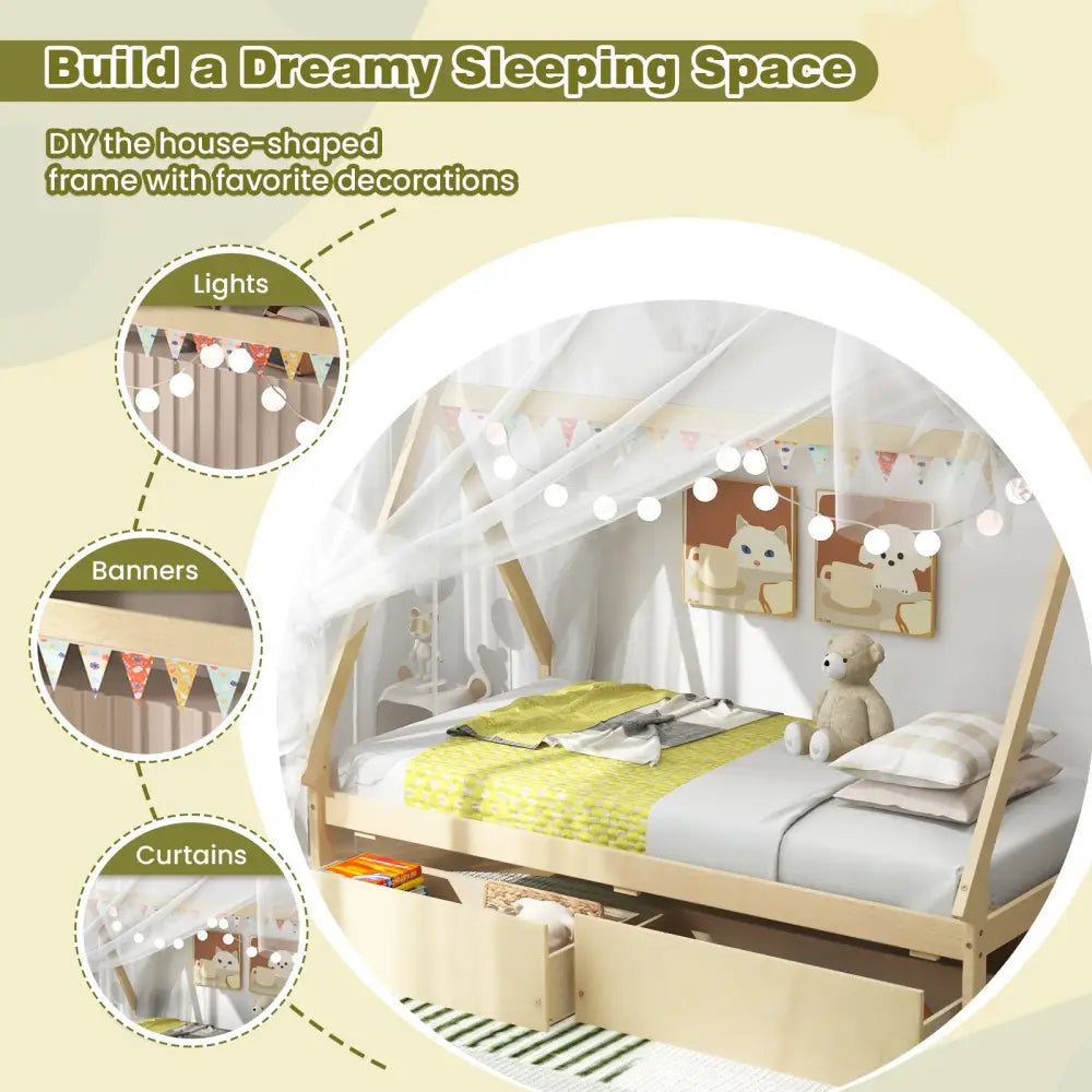 Twin Size Wooden Tent Platform House Bed with 2 Drawers-Natural - Natural - Simple Bed Frame