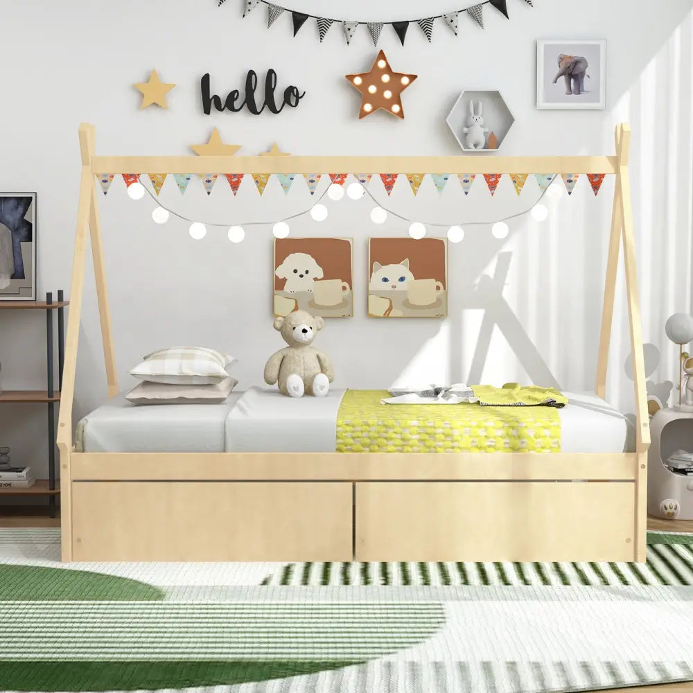 Twin Size Wooden Tent Platform House Bed with 2 Drawers-Natural - Natural - Simple Bed Frame
