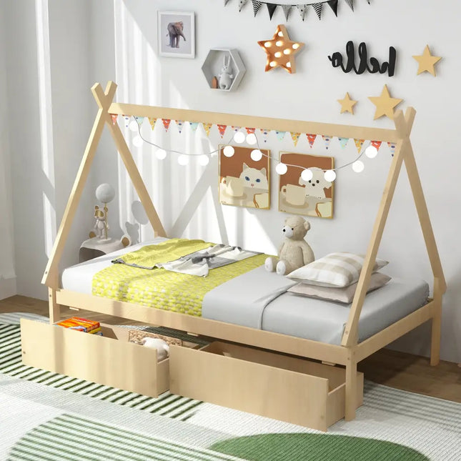 Twin Size Wooden Tent Platform House Bed with 2 Drawers-Natural - Natural - Simple Bed Frame