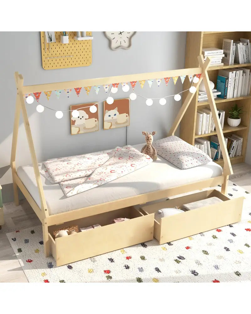 Twin Size Wooden Tent Platform House Bed with 2 Drawers-Natural - Natural - Simple Bed Frame