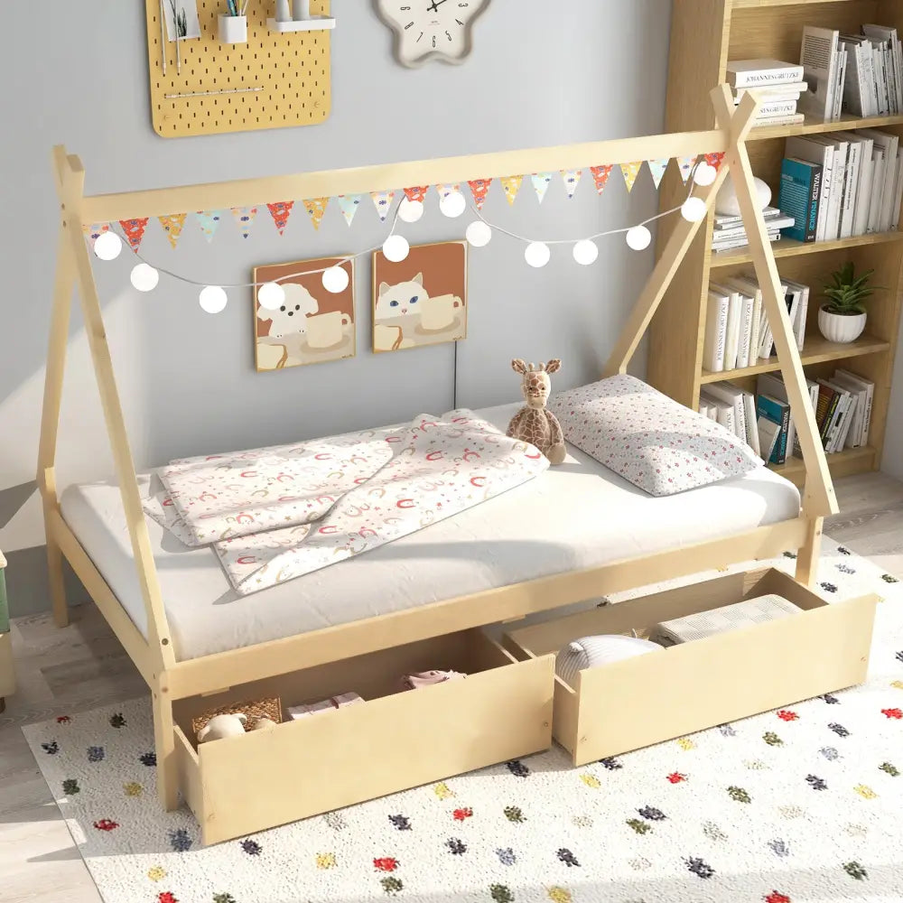 Twin Size Wooden Tent Platform House Bed with 2 Drawers-Natural - Natural - Simple Bed Frame