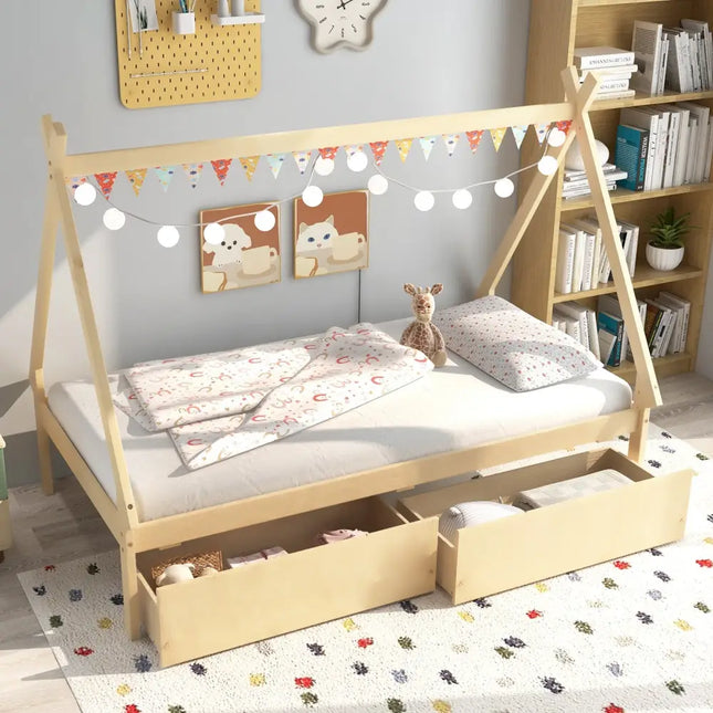 Twin Size Wooden Tent Platform House Bed with 2 Drawers-Natural - Natural - Simple Bed Frame