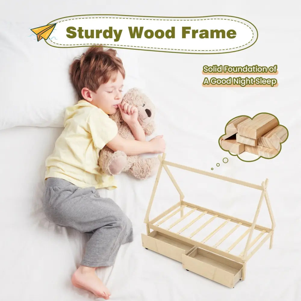 Twin Size Wooden Tent Platform House Bed with 2 Drawers-Natural - Natural - Simple Bed Frame