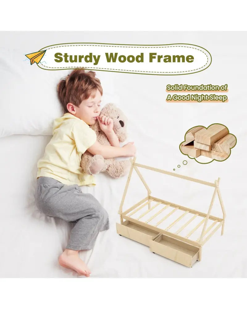 Twin Size Wooden Tent Platform House Bed with 2 Drawers-Natural - Natural - Simple Bed Frame