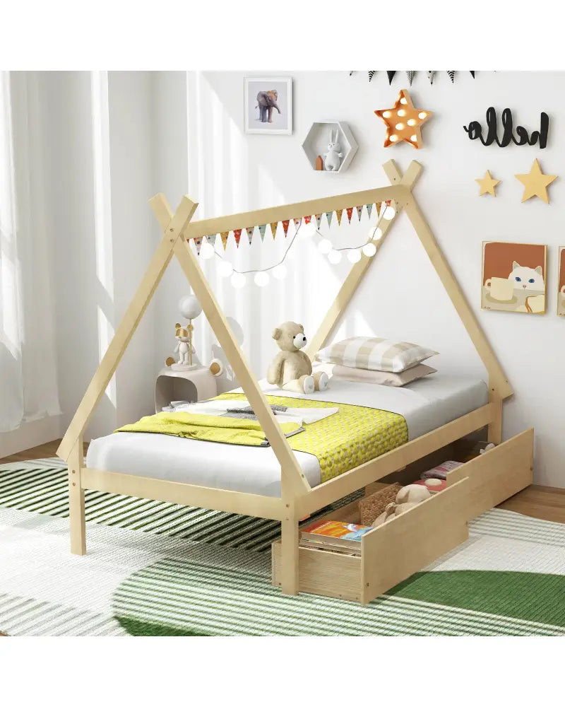 Twin Size Wooden Tent Platform House Bed with 2 Drawers-Natural - Natural - Simple Bed Frame