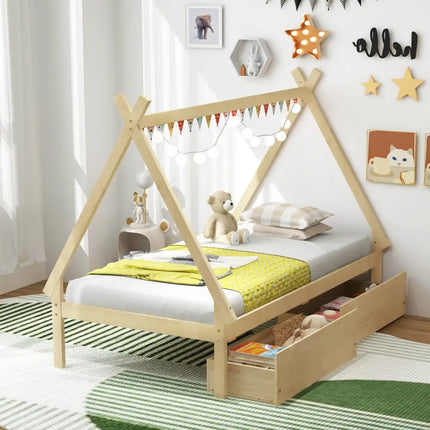 Twin Size Wooden Tent Platform House Bed with 2 Drawers-Natural - Natural - Simple Bed Frame