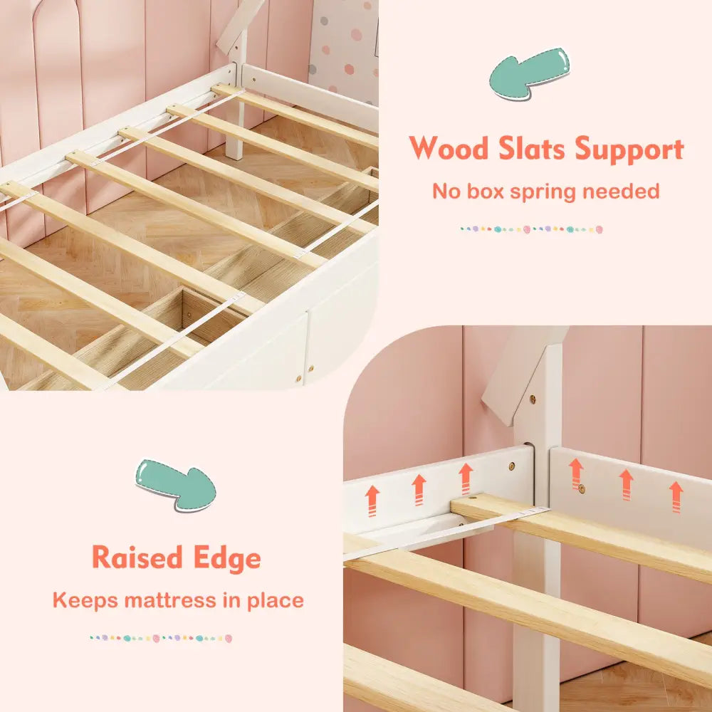 Twin Size Wooden Tent Platform House Bed with 2 Drawers-White - White - Simple Bed Frame
