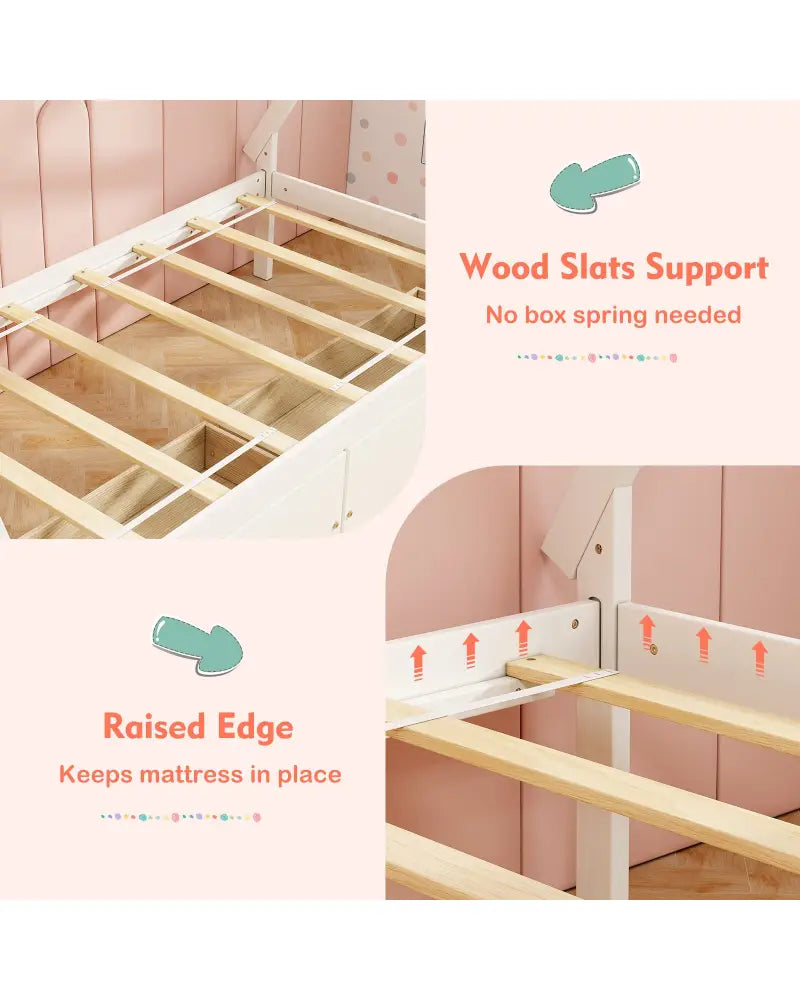 Twin Size Wooden Tent Platform House Bed with 2 Drawers-White - White - Simple Bed Frame