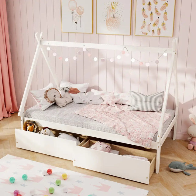 Twin Size Wooden Tent Platform House Bed with 2 Drawers-White - White - Simple Bed Frame