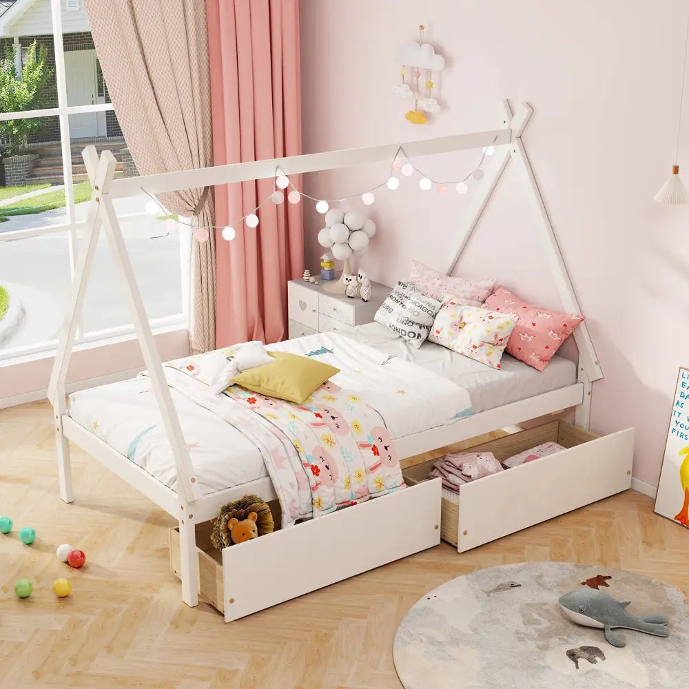 Twin Size Wooden Tent Platform House Bed with 2 Drawers-White - White - Simple Bed Frame