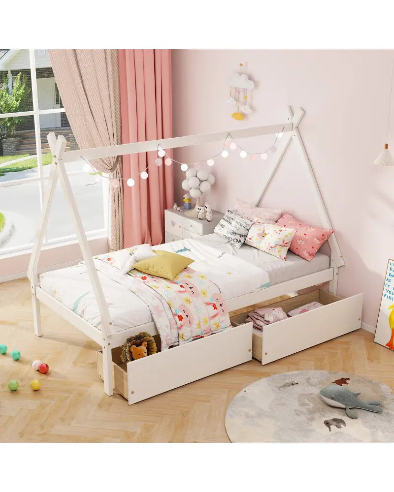 Twin Size Wooden Tent Platform House Bed with 2 Drawers-White - White - Simple Bed Frame