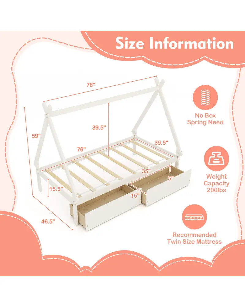 Twin Size Wooden Tent Platform House Bed with 2 Drawers-White - White - Simple Bed Frame