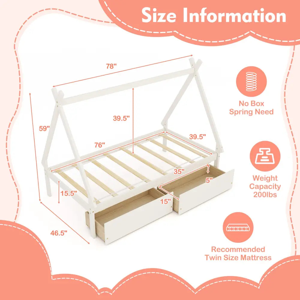 Twin Size Wooden Tent Platform House Bed with 2 Drawers-White - White - Simple Bed Frame