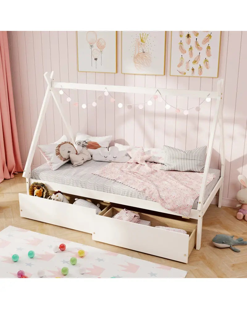 Twin Size Wooden Tent Platform House Bed with 2 Drawers-White - White - Simple Bed Frame