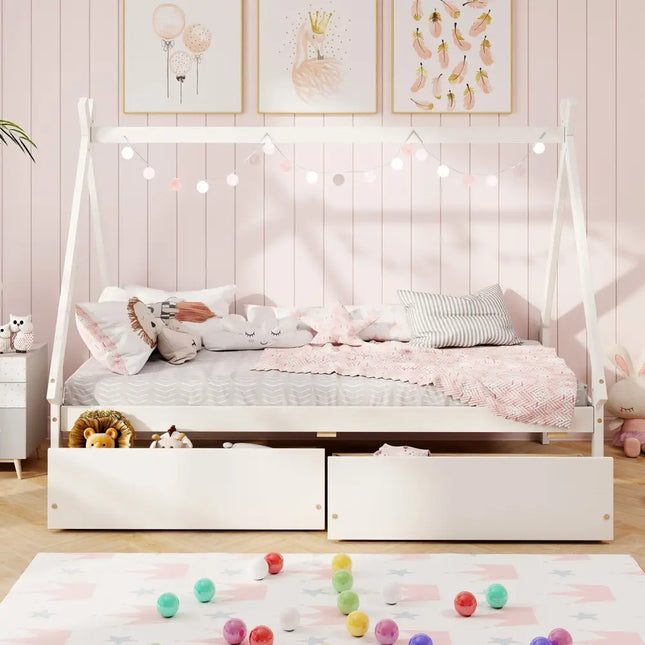 Twin Size Wooden Tent Platform House Bed with 2 Drawers-White - White - Simple Bed Frame