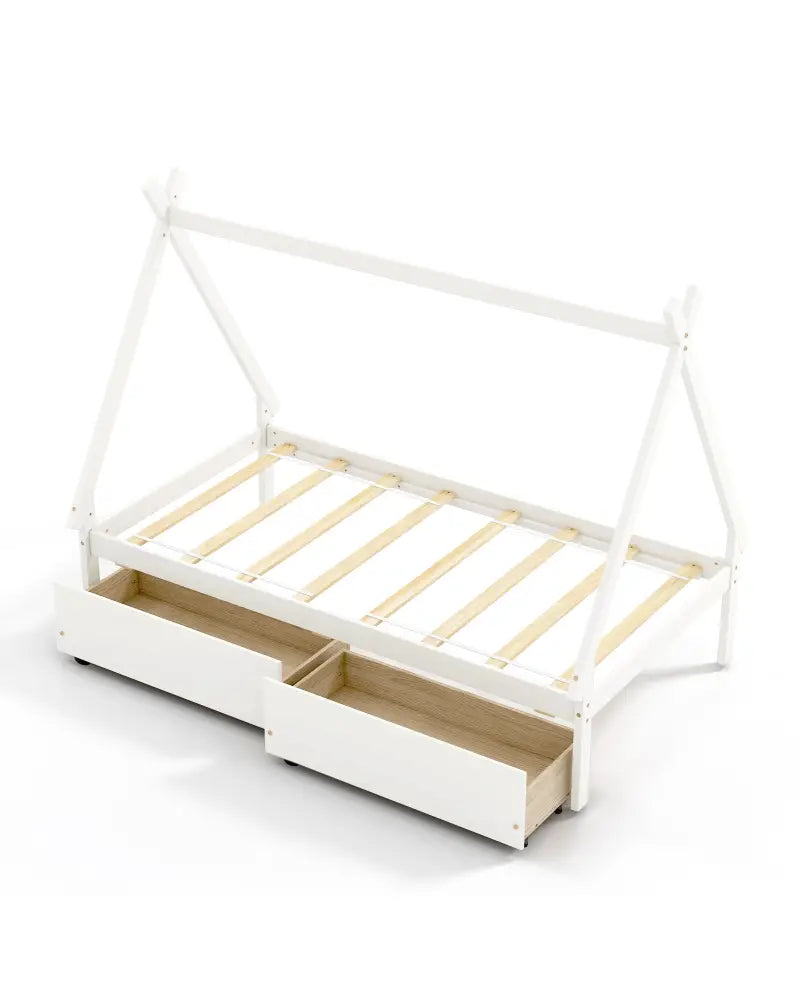 Twin Size Wooden Tent Platform House Bed with 2 Drawers-White - White - Simple Bed Frame