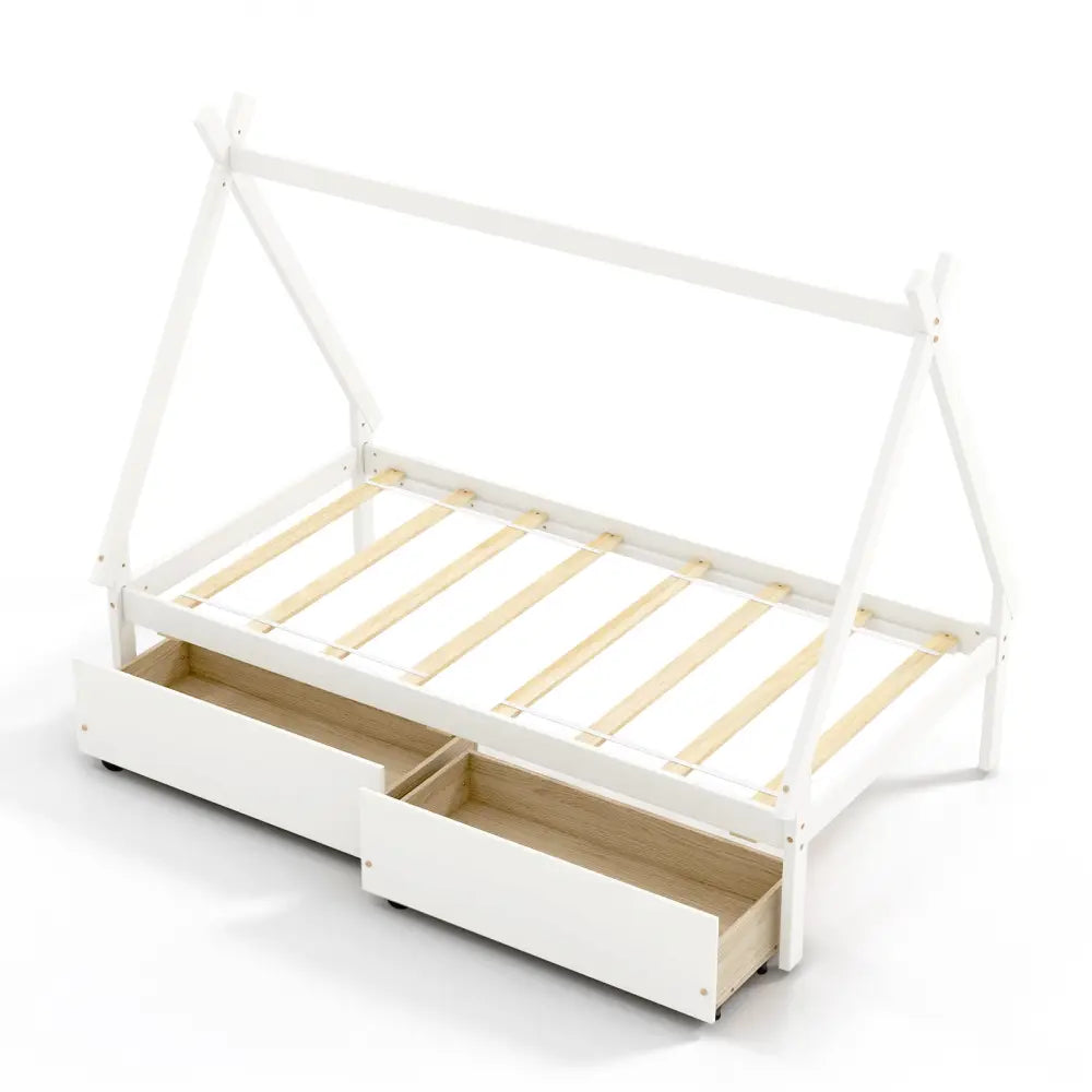 Twin Size Wooden Tent Platform House Bed with 2 Drawers-White - White - Simple Bed Frame