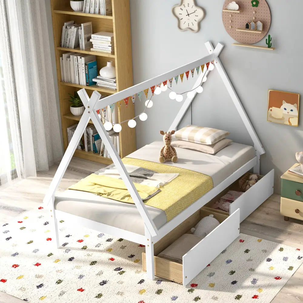 Twin Size Wooden Tent Platform House Bed with 2 Drawers-White - White - Simple Bed Frame