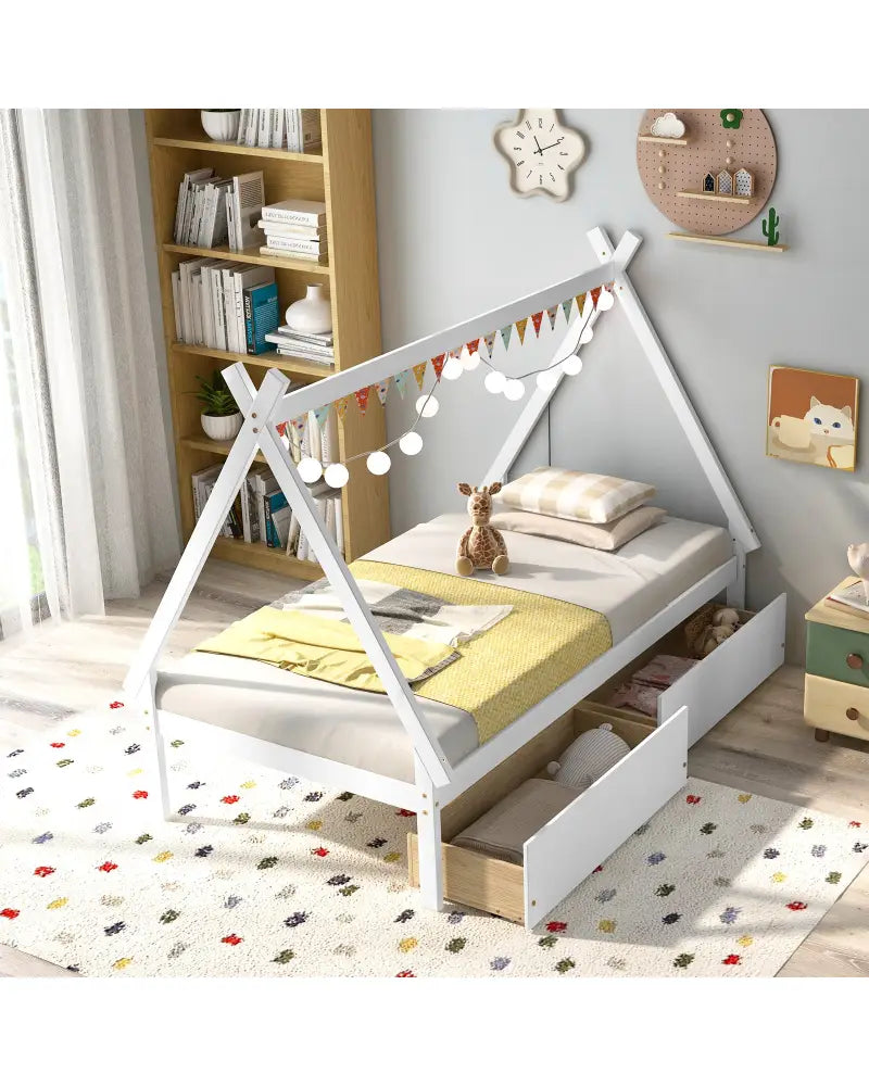 Twin Size Wooden Tent Platform House Bed with 2 Drawers-White - White - Simple Bed Frame
