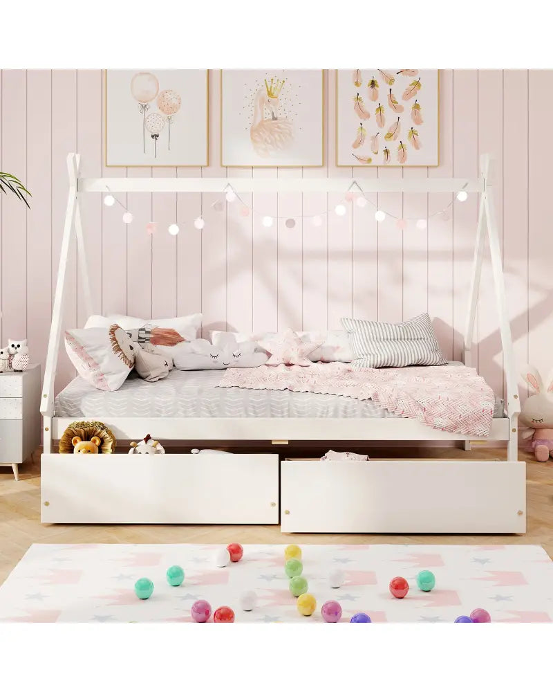 Twin Size Wooden Tent Platform House Bed with 2 Drawers-White - White - Simple Bed Frame