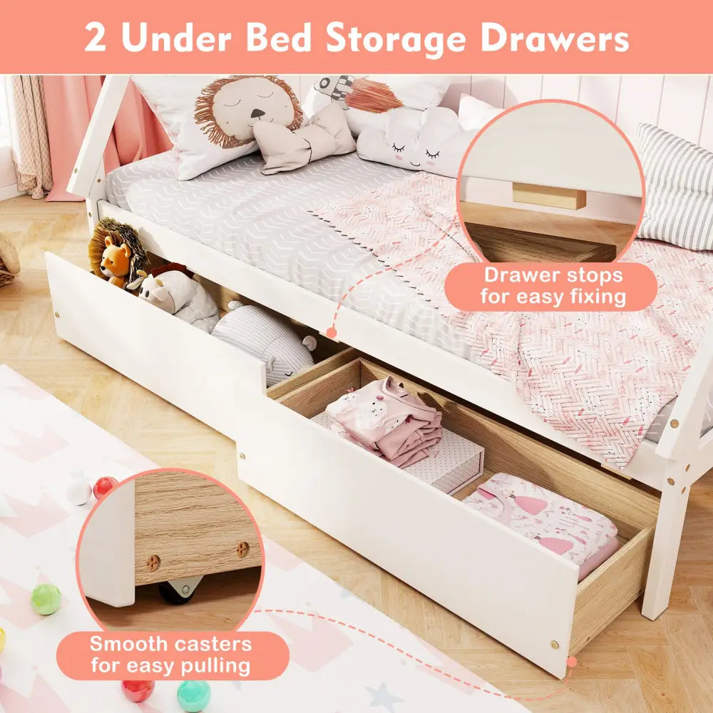 Twin Size Wooden Tent Platform House Bed with 2 Drawers-White - White - Simple Bed Frame