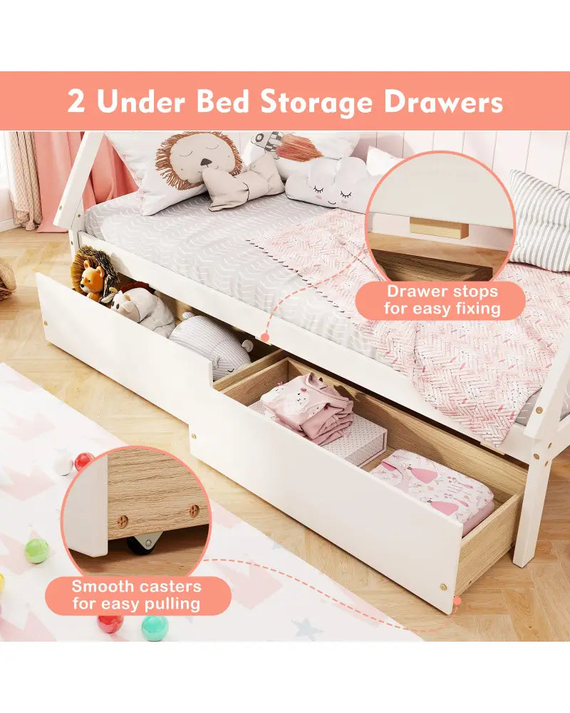 Twin Size Wooden Tent Platform House Bed with 2 Drawers-White - White - Simple Bed Frame