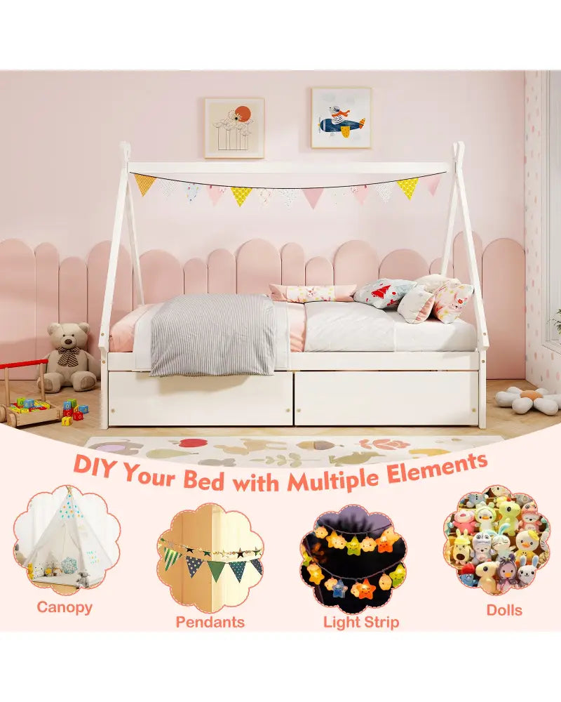 Twin Size Wooden Tent Platform House Bed with 2 Drawers-White - White - Simple Bed Frame