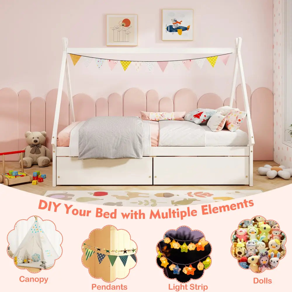 Twin Size Wooden Tent Platform House Bed with 2 Drawers-White - White - Simple Bed Frame