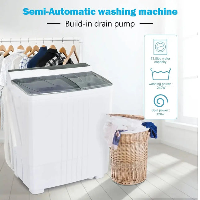 Twin Tub Portable Washing Machine with Timer Control and Drain Pump for Apartment-Gray Costway