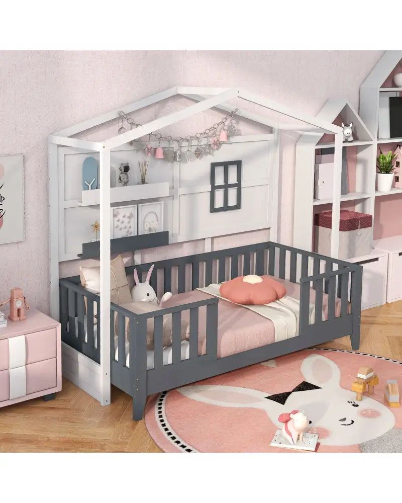 Twin Wood House Bed Montessori Floor Bed with 2 Shelves and Guardrails-Gray & White - Gray & White - Toddler Beds