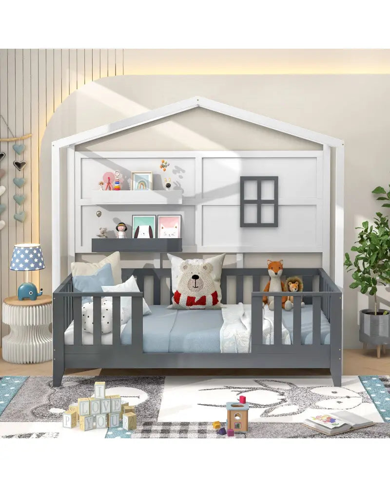 Twin Wood House Bed Montessori Floor Bed with 2 Shelves and Guardrails-Gray & White - Gray & White - Toddler Beds