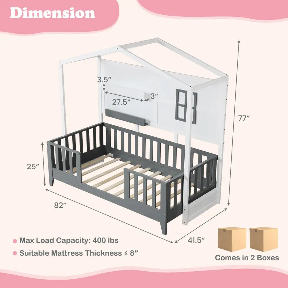 Twin Wood House Bed Montessori Floor Bed with 2 Shelves and Guardrails-Gray & White - Gray & White - Toddler Beds