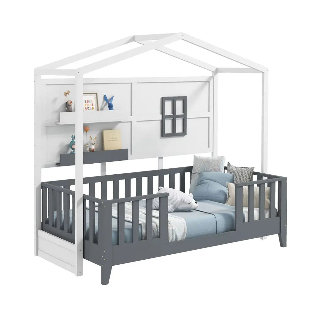 Twin Wood House Bed Montessori Floor Bed with 2 Shelves and Guardrails-Gray & White - Gray & White - Toddler Beds