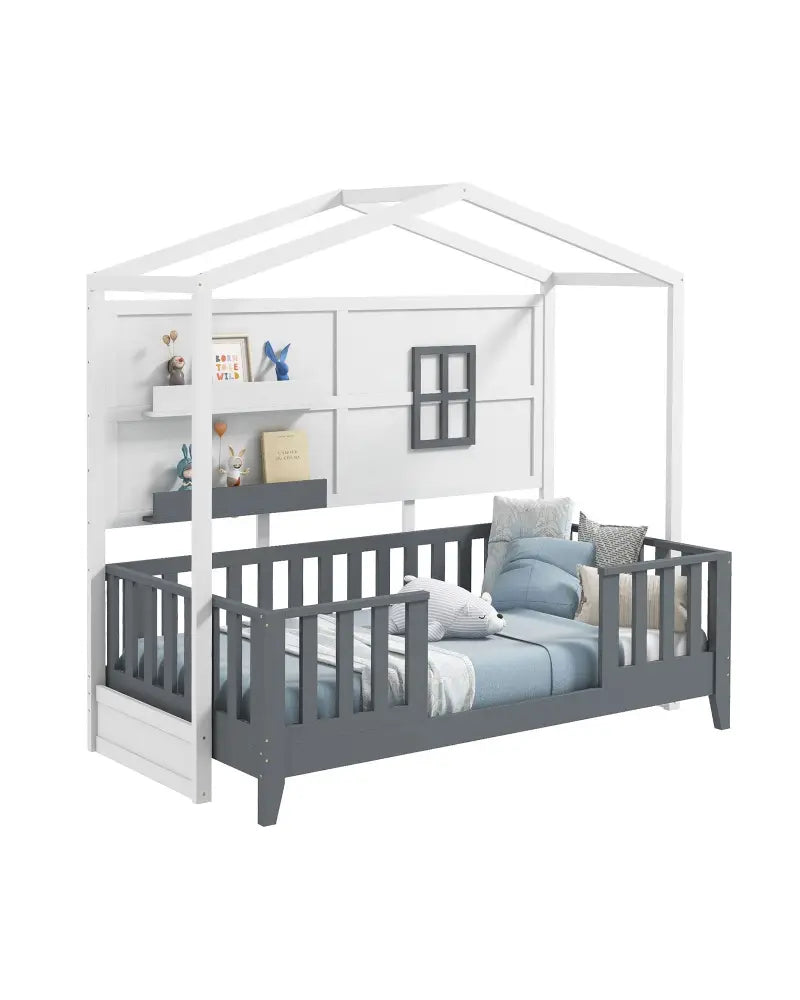 Twin Wood House Bed Montessori Floor Bed with 2 Shelves and Guardrails-Gray & White - Gray & White - Toddler Beds